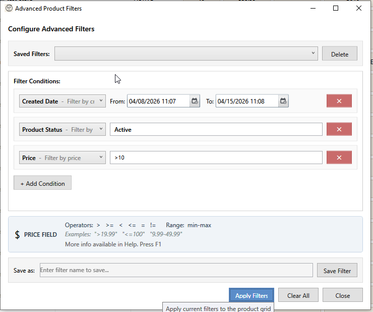 Advanced product filter dialog with multiple conditions
