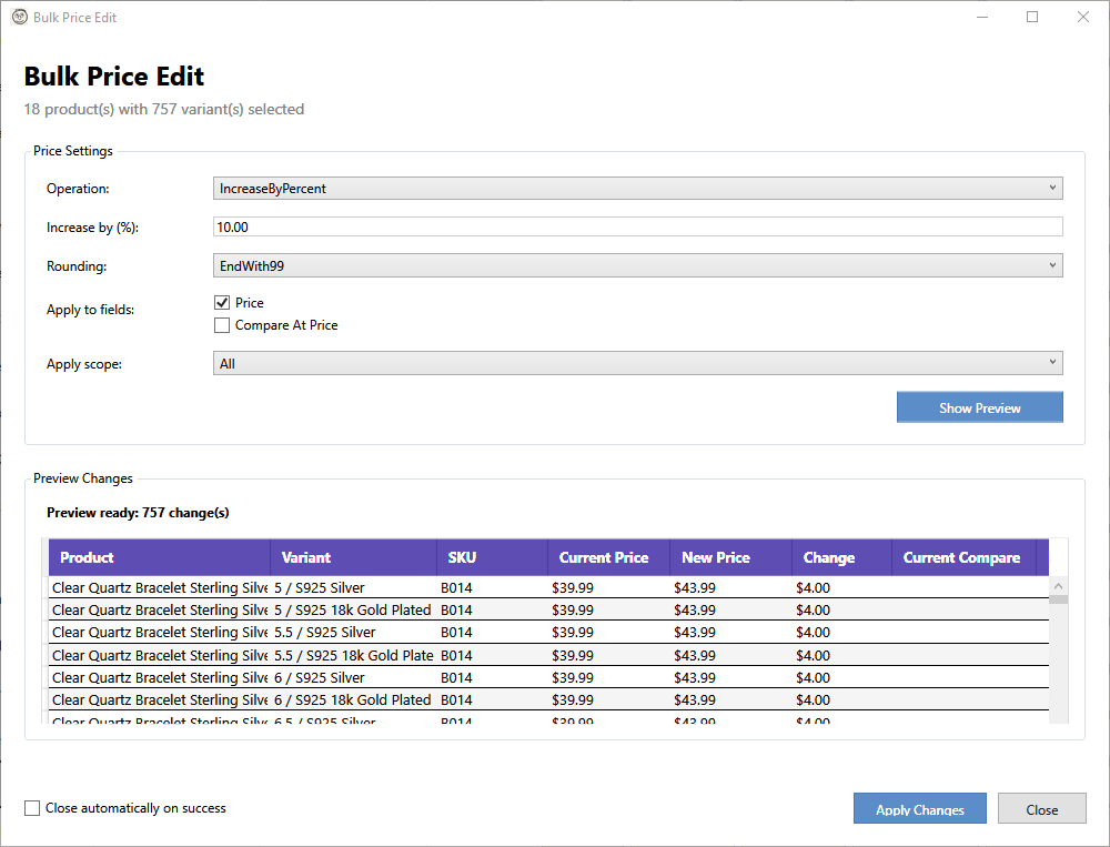 Bulk price edit dialog showing price adjustment preview