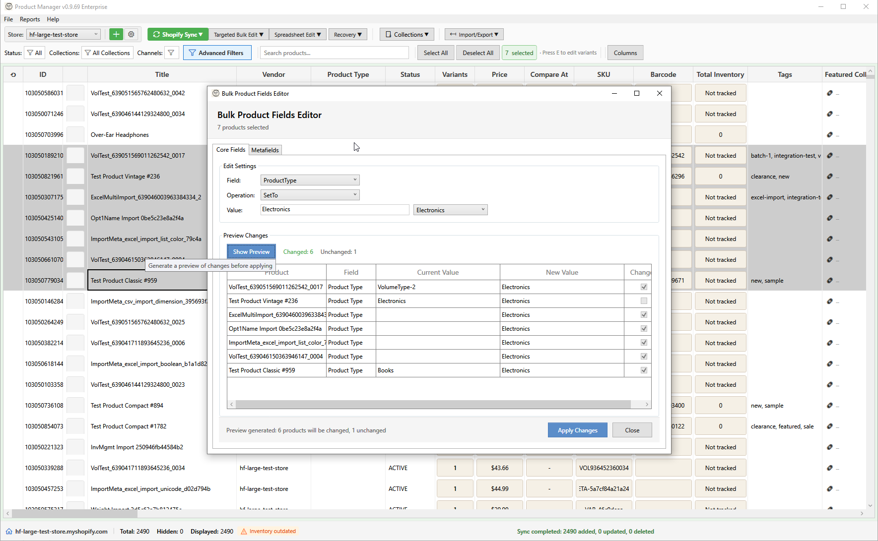 HFProductManager main window showing the product grid with bulk editing tools
