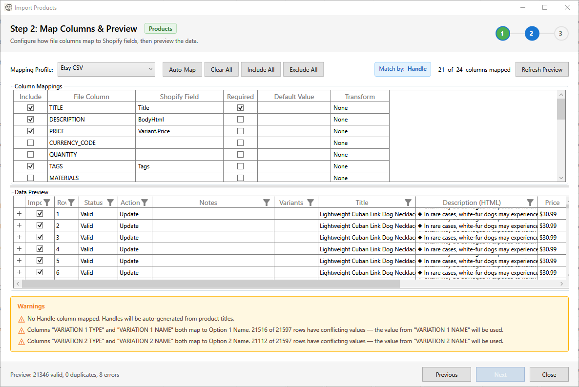 Import products wizard with column mapping and preview