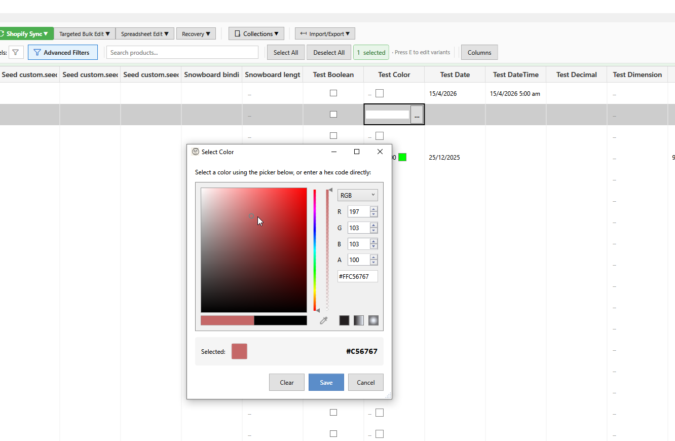 Metafield editor with inline grid columns and type-specific editors