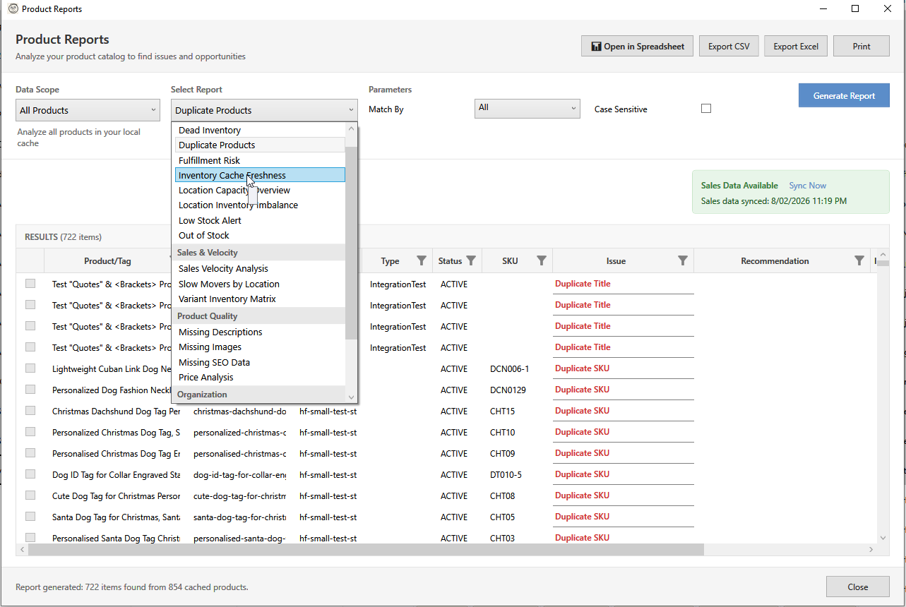 Product reports showing catalog health analysis and inventory alerts
