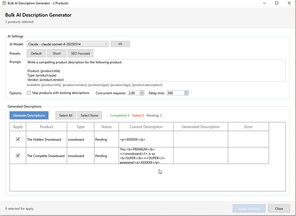 AI description generator dialog