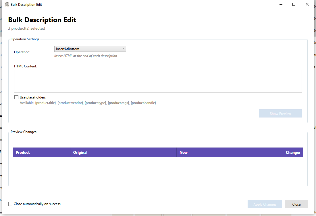 Bulk Description Edit dialog