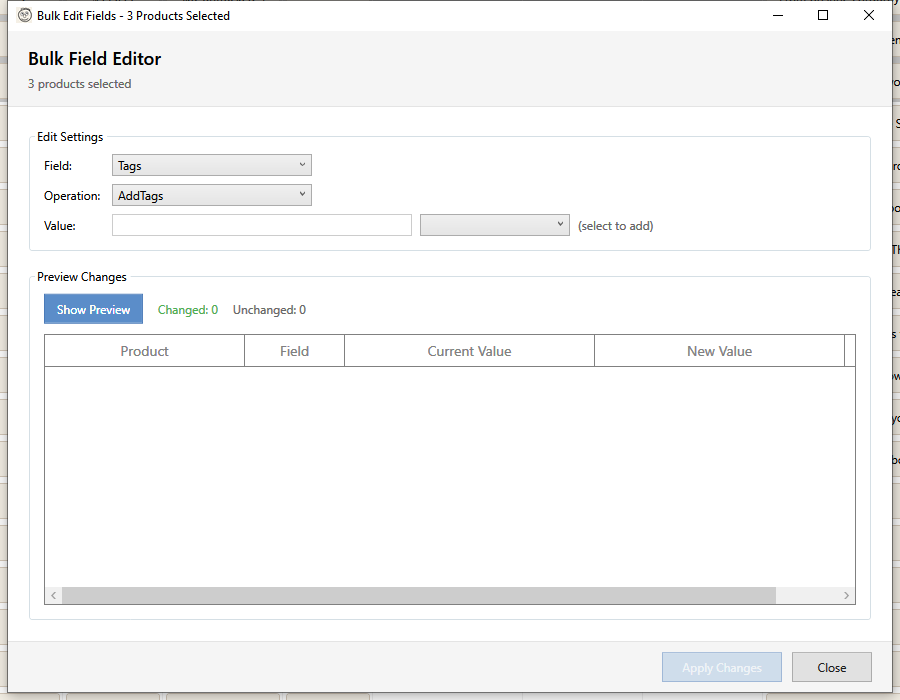 Bulk Field Edit dialog