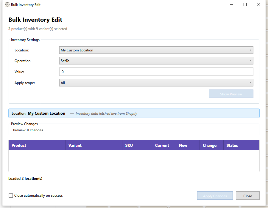 Bulk Inventory Edit dialog
