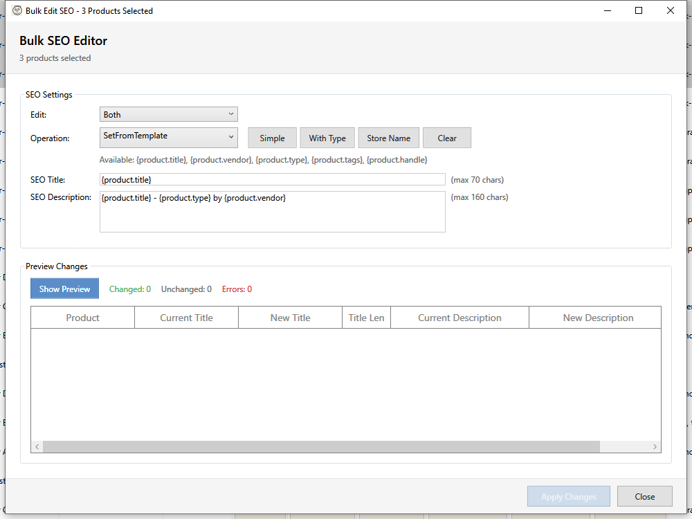 Bulk SEO Edit dialog