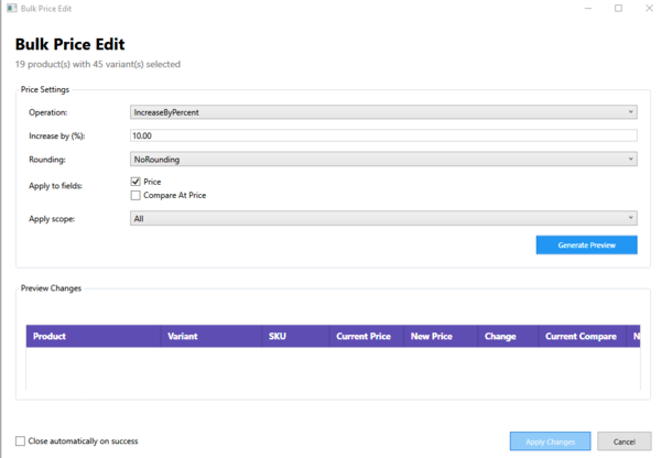 Bulk price edit dialog with preview