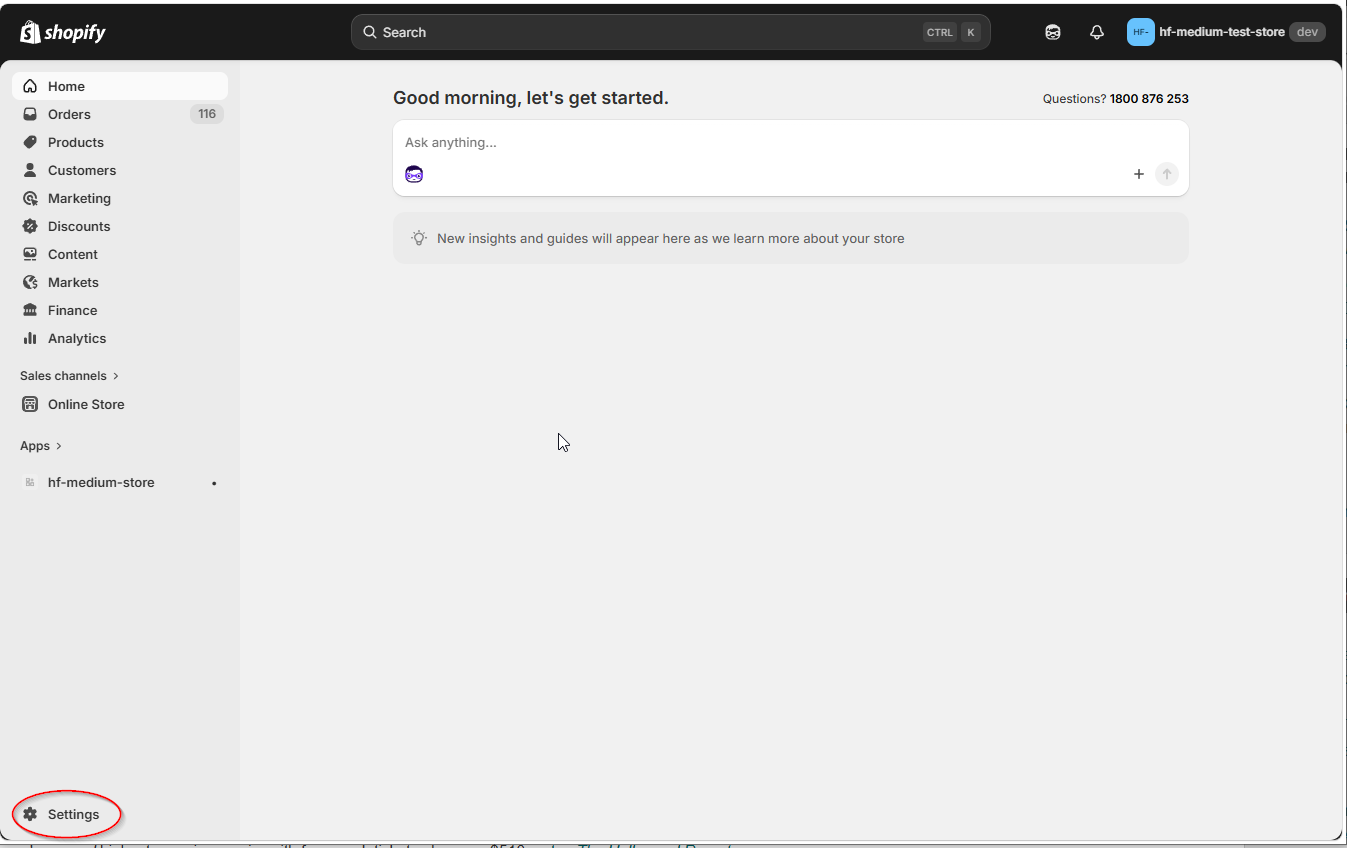Click Settings in Shopify admin