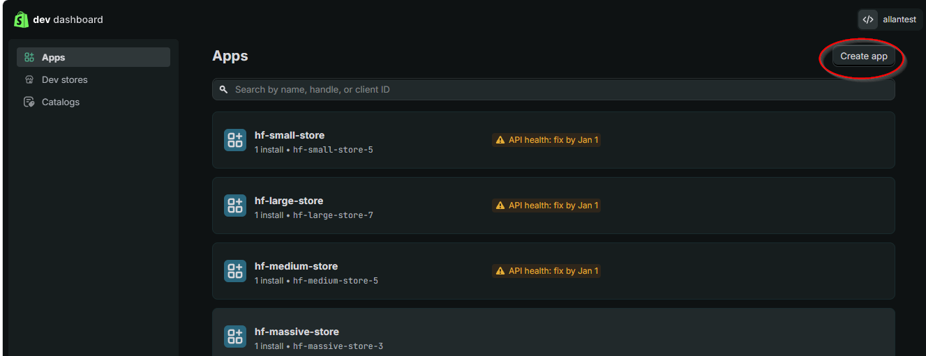 Click Create app in Dev Dashboard