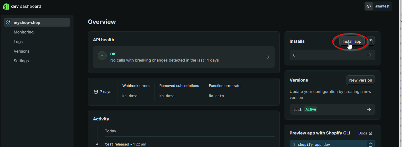 Click Install app on overview page