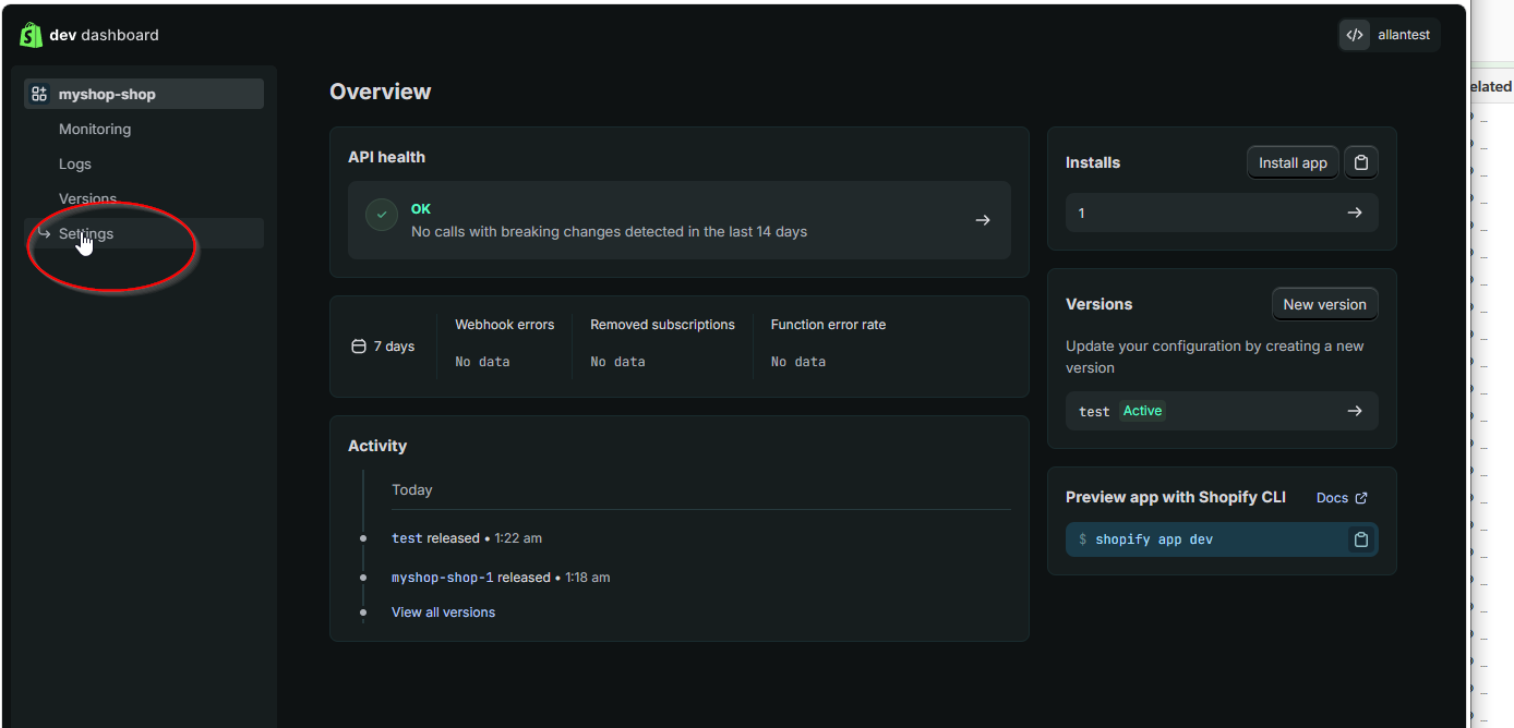 Click Settings to view credentials