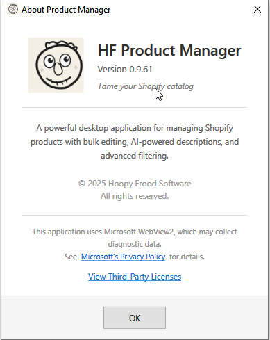 About window showing version information