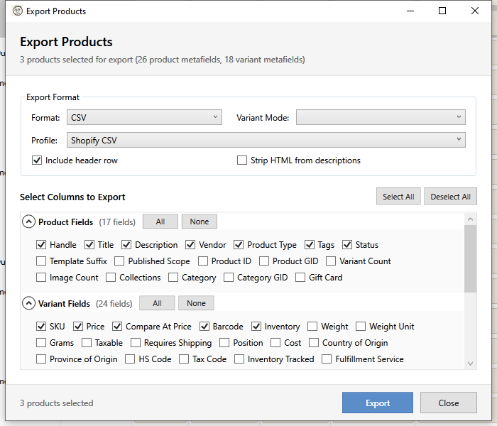 Export Products dialog