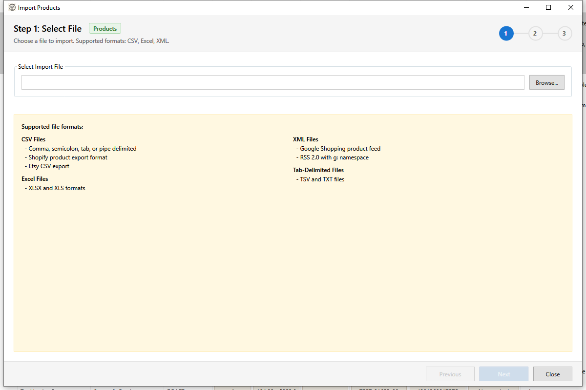 Import Products dialog