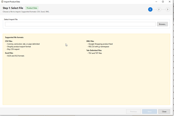 Import products wizard