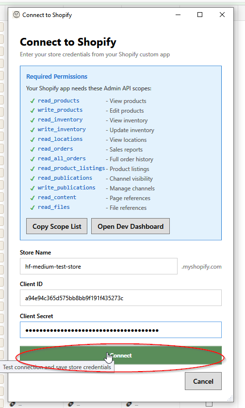 Connect Store Dialog
