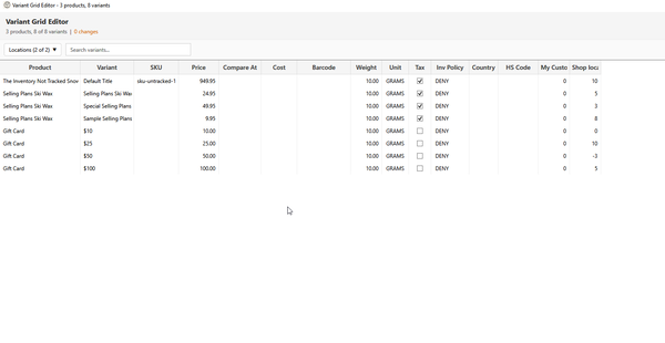Variant grid editor spreadsheet view